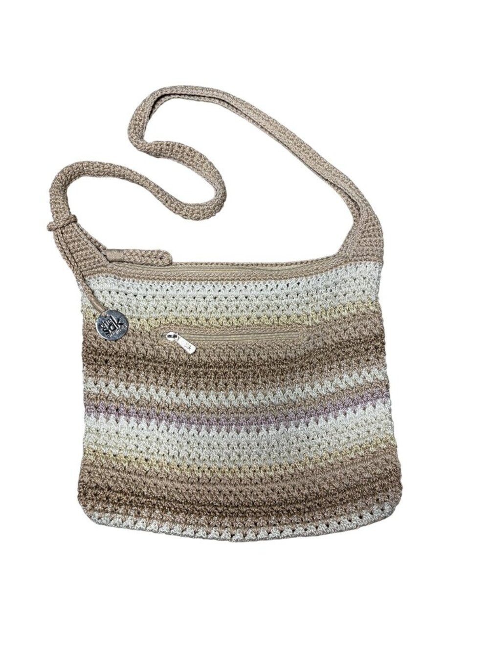 The Sak Crochet Shoulder Bag Striped Neutral Beige Taupe Slouchy Boho Purse
